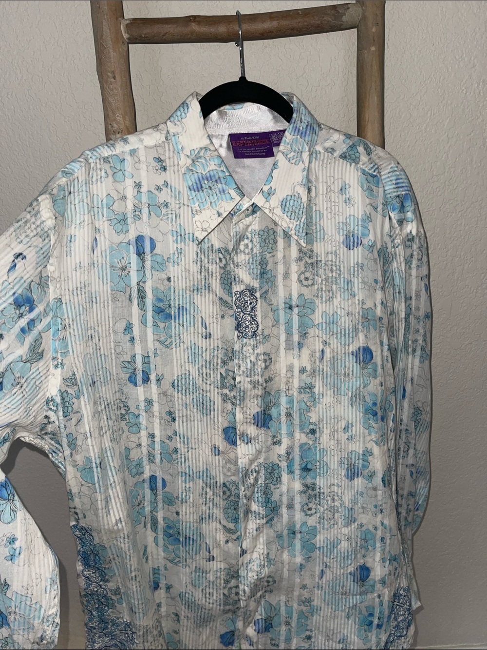 JImi Hendrix Men's Floral Button-Down Shirt in White & Light Blue